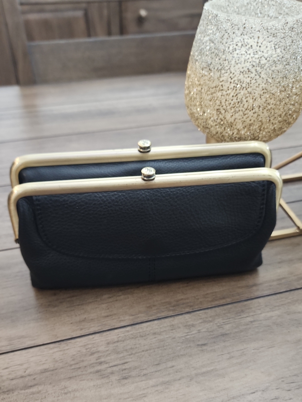 Hobo Classic Black Leather Double-Compartment Clutch with Gold Frame - Picture 2 of 15